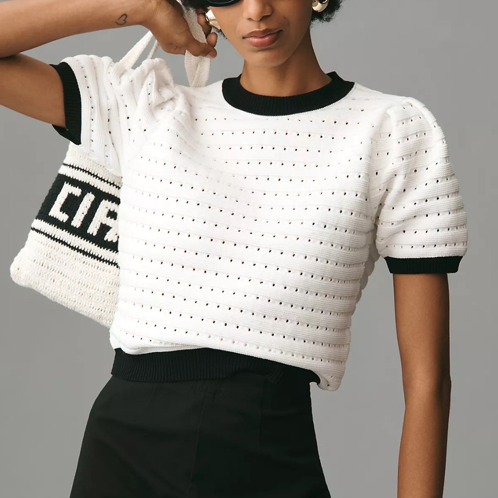 Anthropologie Endless Rose puff-Sleeve contrast rib crop Top sweater size XS